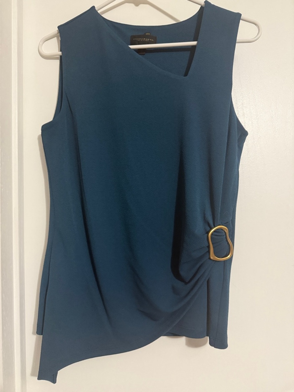 Donna Karan Teal Sleeveless Asymmetrical Top with Gold Buckle